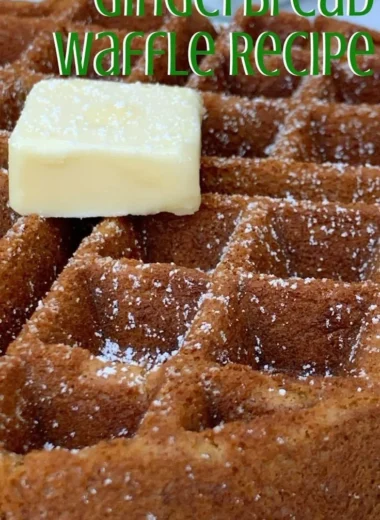 Delicious homemade gingerbread waffles topped with syrup and spices.