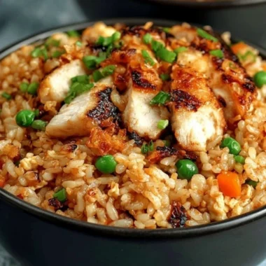 A plate of high-protein crispy garlic chicken fried rice garnished with green onions.