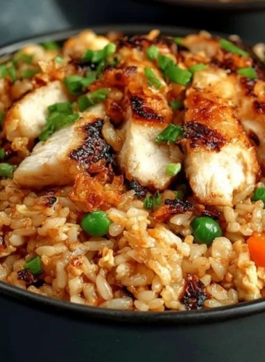 A plate of high-protein crispy garlic chicken fried rice garnished with green onions.