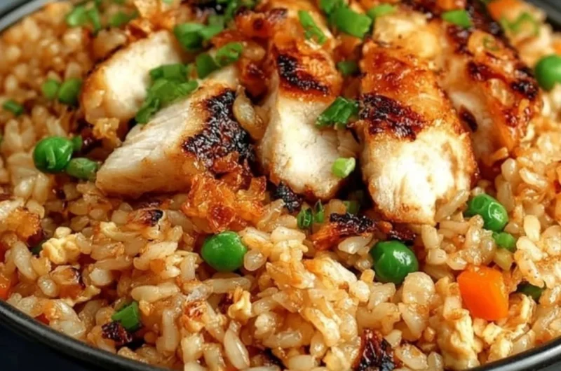A plate of high-protein crispy garlic chicken fried rice garnished with green onions.