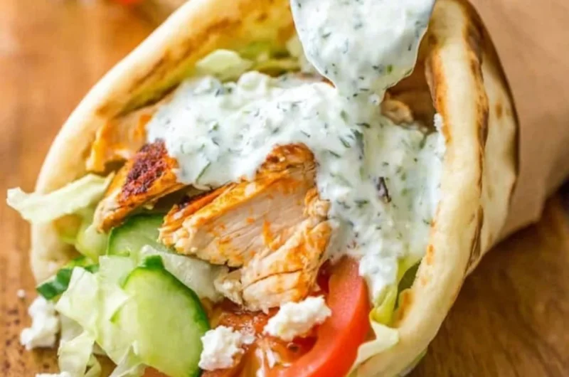 Delicious homemade chicken gyro served with fresh veggies and tzatziki sauce.