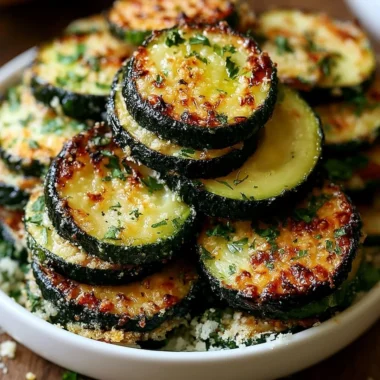 Roasted garlic parmesan zucchini on a plate, showcasing its crunchy texture and golden color.