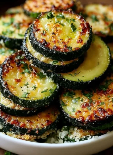 Roasted garlic parmesan zucchini on a plate, showcasing its crunchy texture and golden color.