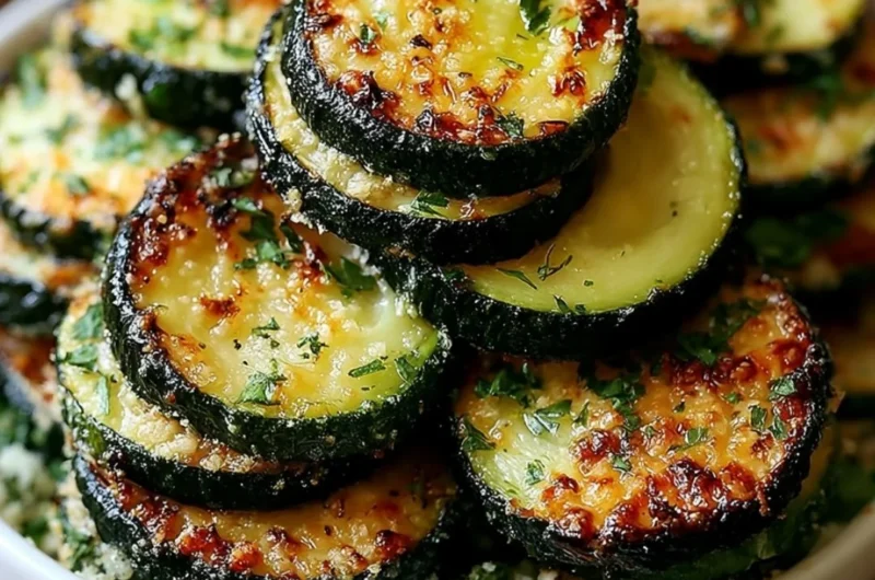 Roasted garlic parmesan zucchini on a plate, showcasing its crunchy texture and golden color.