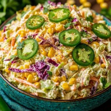 Bowl of Jalapeño Corn Coleslaw with fresh ingredients and vibrant colors