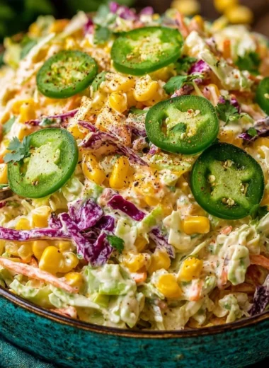 Bowl of Jalapeño Corn Coleslaw with fresh ingredients and vibrant colors
