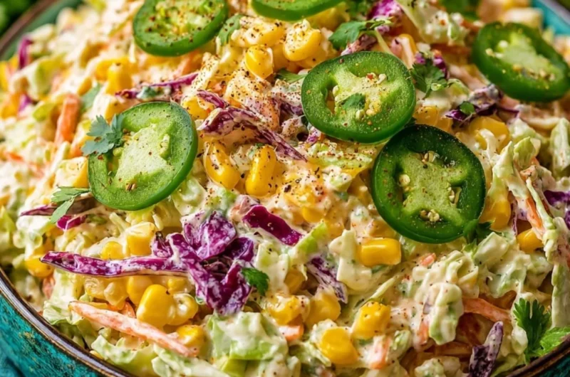 Bowl of Jalapeño Corn Coleslaw with fresh ingredients and vibrant colors