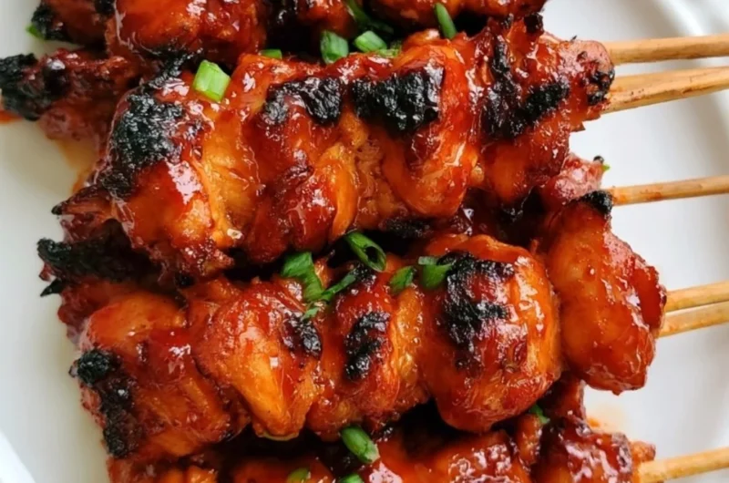 Grilled Korean chicken skewers with vibrant vegetables on a platter