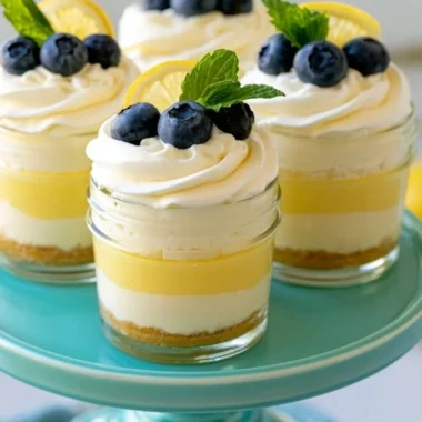 Delicious lemon cheesecake mousse in a glass, topped with lemon zest and mint.