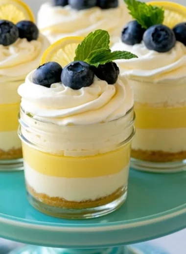 Delicious lemon cheesecake mousse in a glass, topped with lemon zest and mint.
