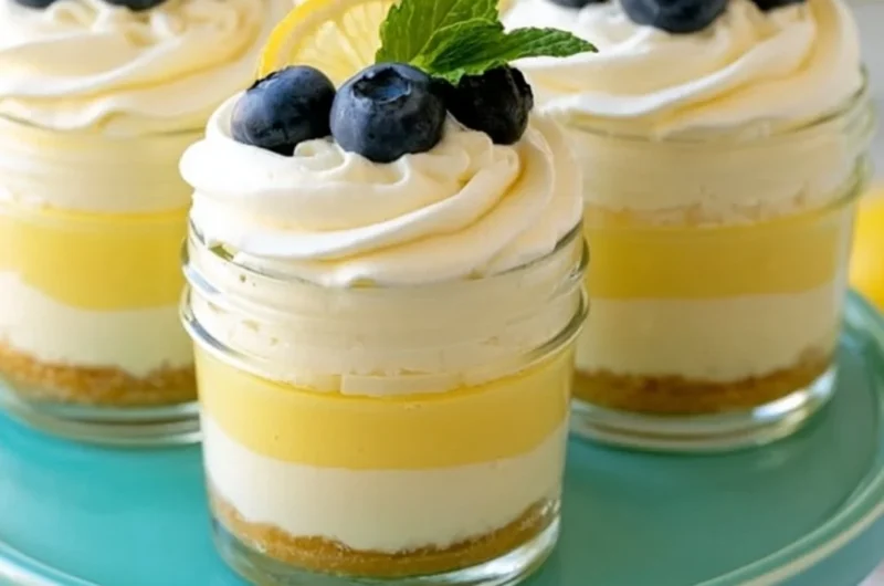 Delicious lemon cheesecake mousse in a glass, topped with lemon zest and mint.