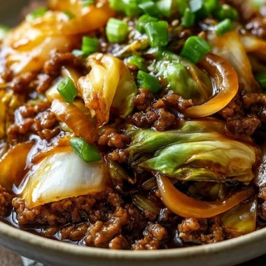 Mongolian Cabbage with Ground Beef dish garnished with herbs.