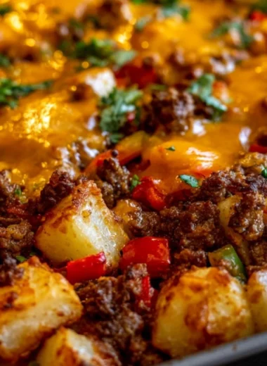 Delicious hamburger casserole with red pepper, beef, and potatoes.