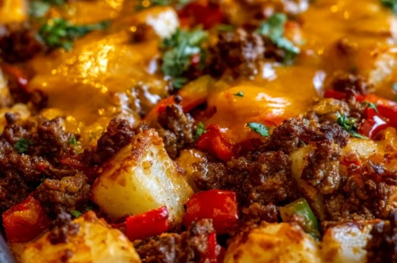 Delicious hamburger casserole with red pepper, beef, and potatoes.