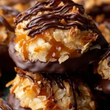 No Bake Samoa Cookies with chocolate, coconut, and caramel toppings