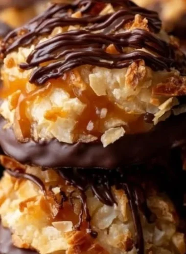 No Bake Samoa Cookies with chocolate, coconut, and caramel toppings