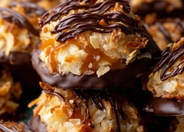No Bake Samoa Cookies with chocolate, coconut, and caramel toppings