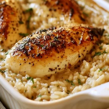 A delicious no peek chicken casserole baked with creamy sauce and topped with herbs.