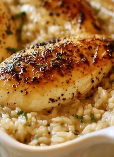 A delicious no peek chicken casserole baked with creamy sauce and topped with herbs.