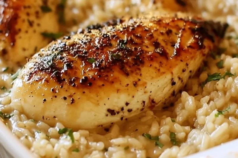 A delicious no peek chicken casserole baked with creamy sauce and topped with herbs.