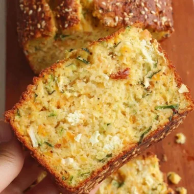 Slice of one bowl cheesy zucchini bread on a wooden cutting board.