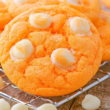 Freshly baked orange creamsicle cookies on a cooling rack.