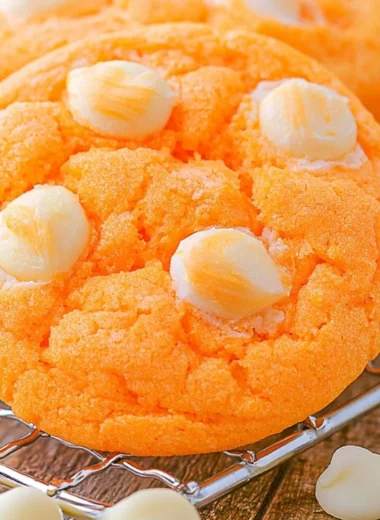 Freshly baked orange creamsicle cookies on a cooling rack.