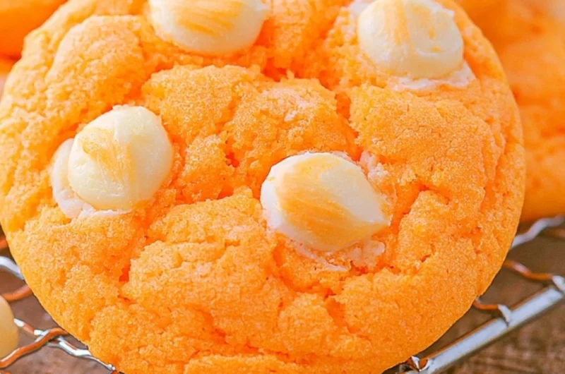 Freshly baked orange creamsicle cookies on a cooling rack.