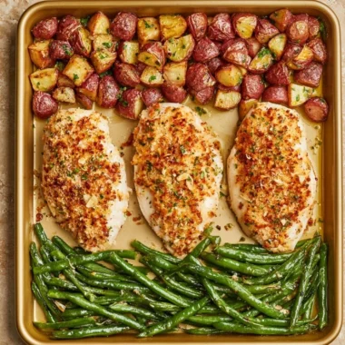 Parmesan Crusted Chicken on a sheet pan with vegetables, perfect for a quick dinner.