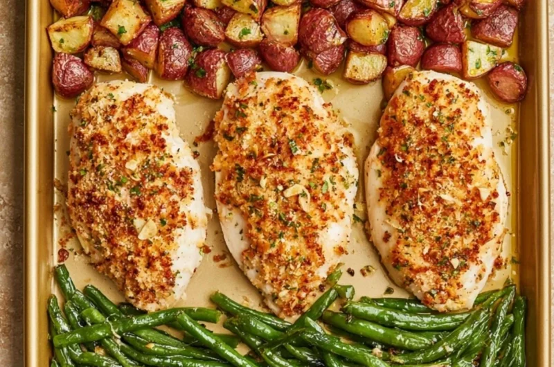 Parmesan Crusted Chicken on a sheet pan with vegetables, perfect for a quick dinner.