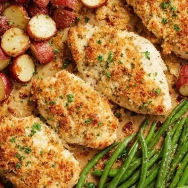 Delicious Parmesan Crusted Chicken on a sheet pan with vegetables