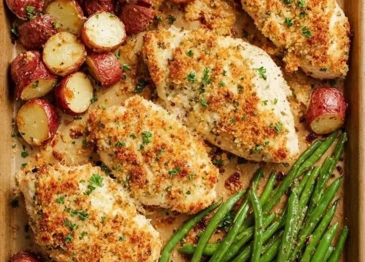 Delicious Parmesan Crusted Chicken on a sheet pan with vegetables