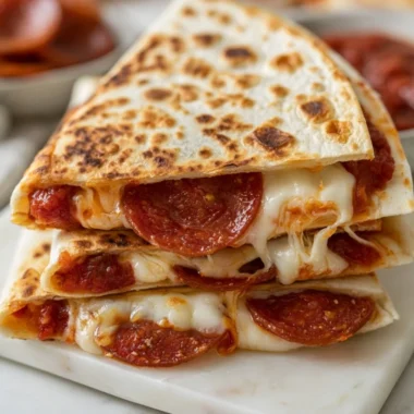 Delicious pepperoni pizza quesadilla served on a plate with dipping sauce