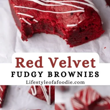 Delicious Red Velvet Brownies topped with cream cheese frosting on a plate