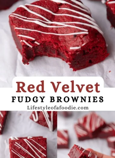 Delicious Red Velvet Brownies topped with cream cheese frosting on a plate