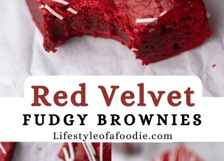Delicious Red Velvet Brownies topped with cream cheese frosting on a plate