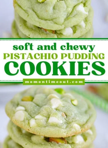 Delicious soft and chewy pistachio pudding cookies on a plate