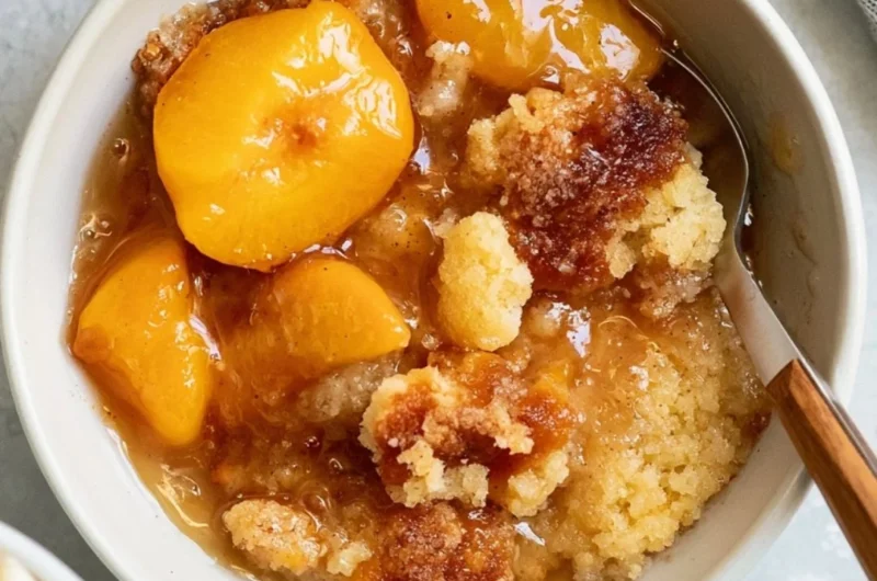 Delicious homemade Southern peach cobbler served in a rustic dish.