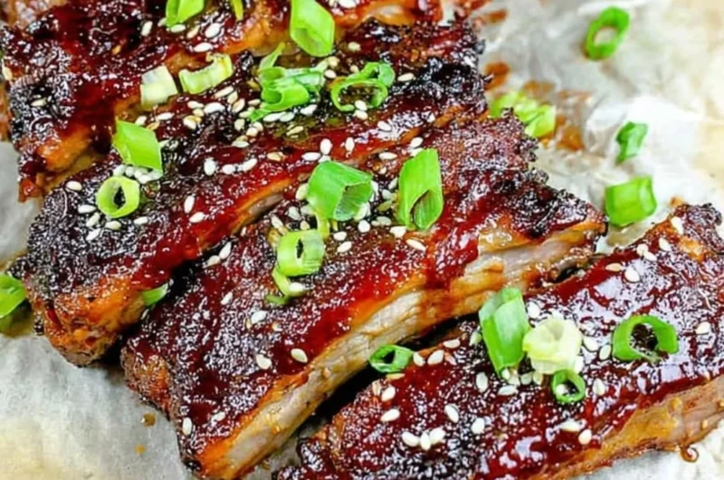 Delicious sticky Asian ribs served on a plate, showcasing rich glaze and garnishes.