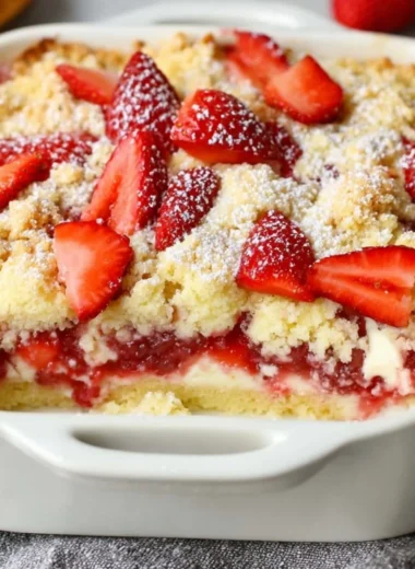 A delicious slice of strawberry cheesecake dump cake with fresh strawberries on top.