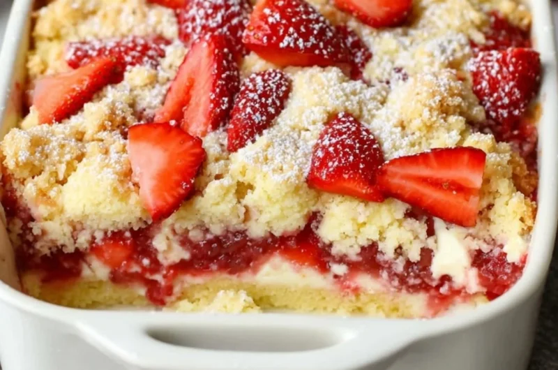 A delicious slice of strawberry cheesecake dump cake with fresh strawberries on top.