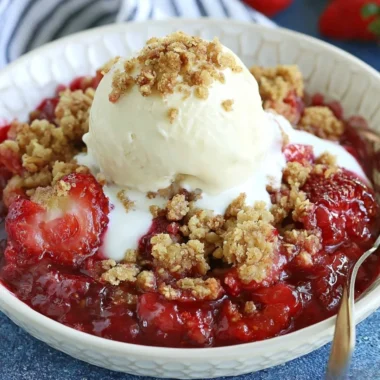 Delicious homemade strawberry crisp dessert topped with crunchy oats