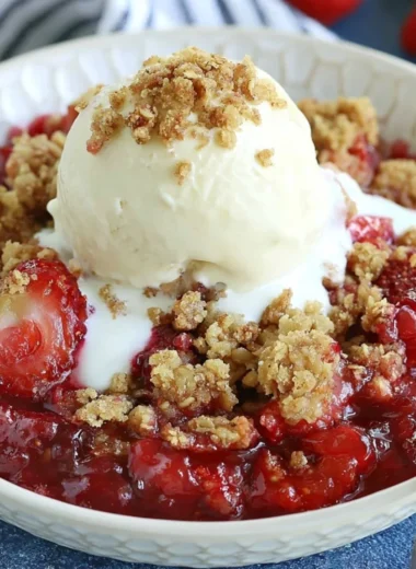 Delicious homemade strawberry crisp dessert topped with crunchy oats