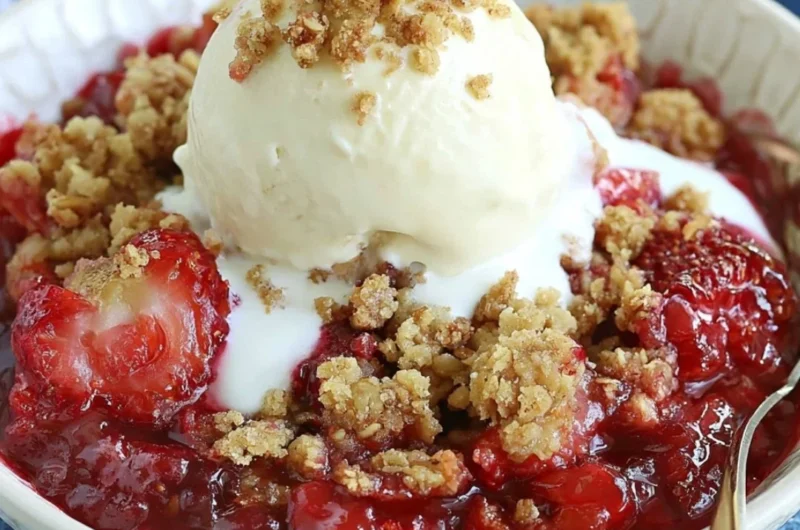 Delicious homemade strawberry crisp dessert topped with crunchy oats