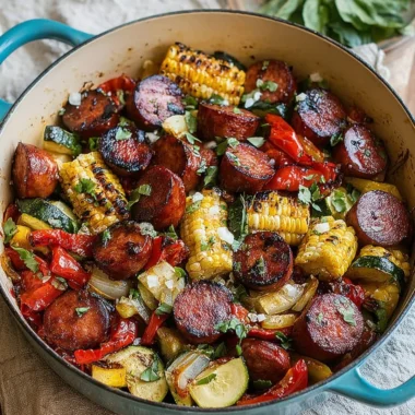 Delicious summer sausage skillet dish with colorful vegetables and spices