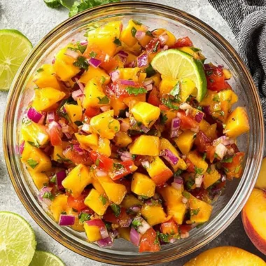 Bowl of sweet and spicy peach salsa with fresh ingredients