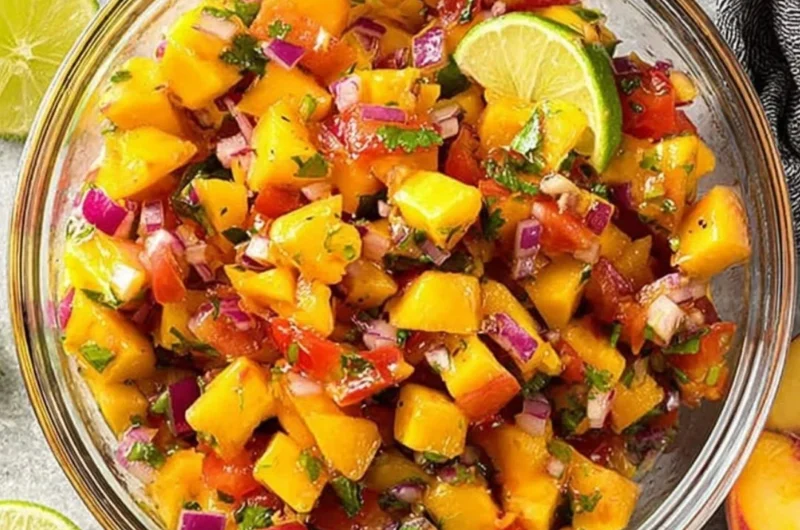 Bowl of sweet and spicy peach salsa with fresh ingredients