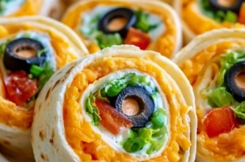 Taco Cream Cheese Pinwheels wrapped and sliced on a platter, perfect for appetizers