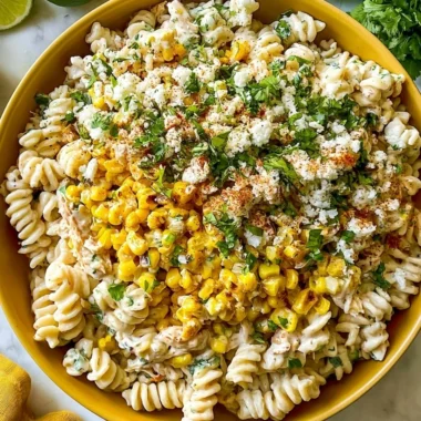 Delicious elote pasta salad with Greek yogurt, corn, and fresh toppings
