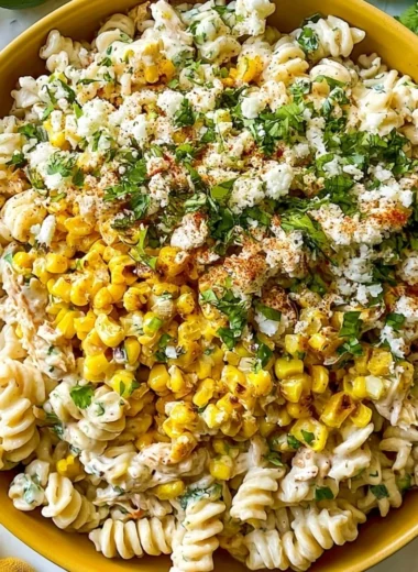 Delicious elote pasta salad with Greek yogurt, corn, and fresh toppings